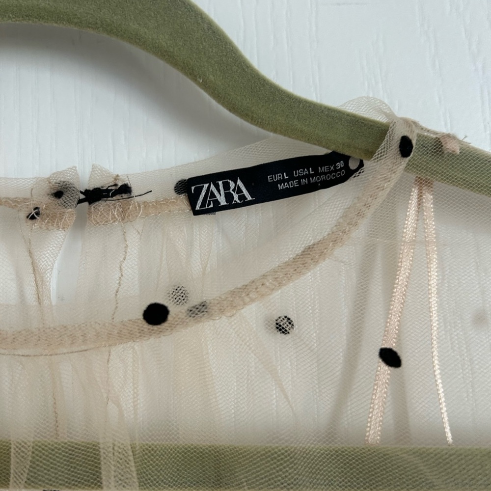 ZARA Cream Sheer Polka Dot Tulle Top with Black Dots